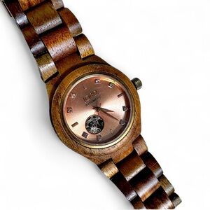 Automatic Wooden Watch - Brown Swarovski crystal markers clear backing rose g